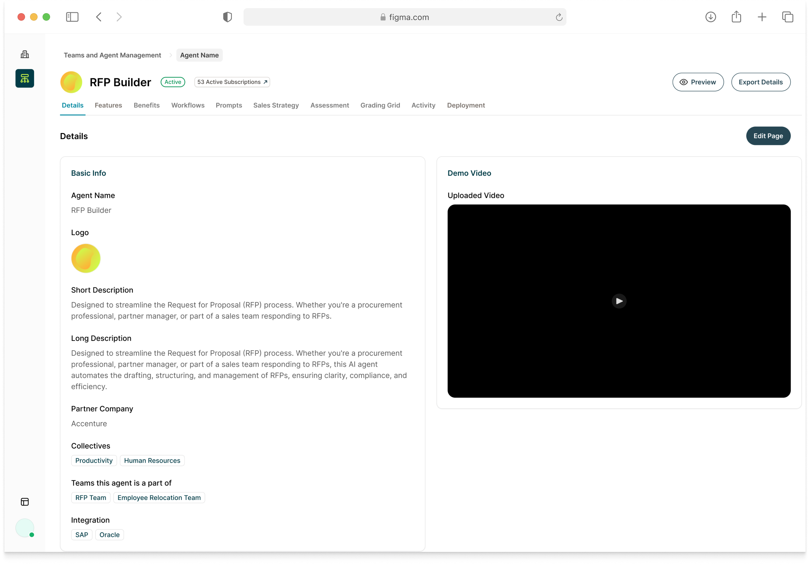 RFP Builder — agent detail with scope summary, long description, and preview of the guided workflow