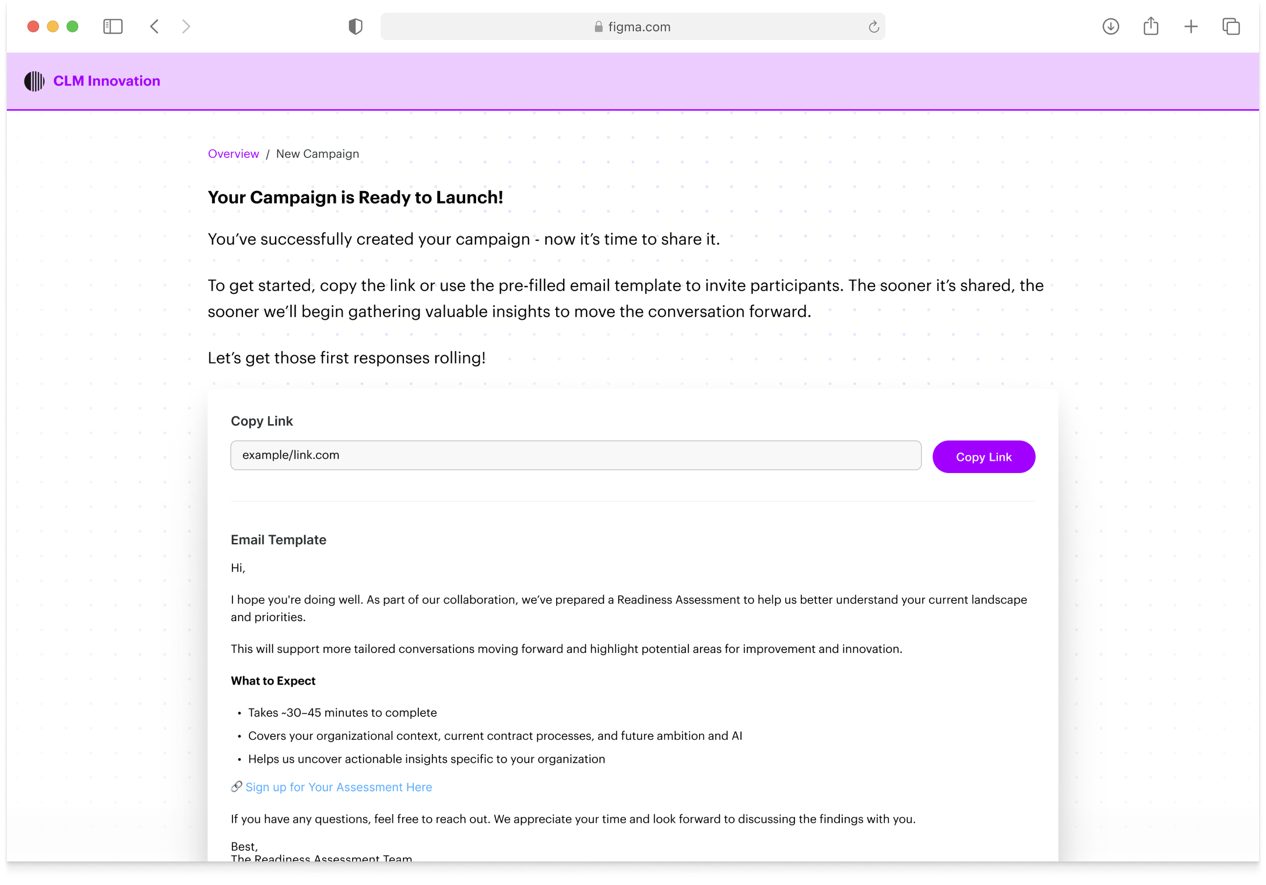Your Campaign is Ready to Launch — completion screen focused on forward momentum, not compliance confirmation